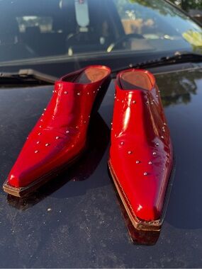 Red Studded Slip-On Pointed Mule Shoes